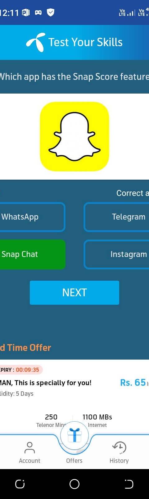 Telenor Quiz Question 3 – Which app has the Snap Score feature? – Correct Answer: Snap Chat