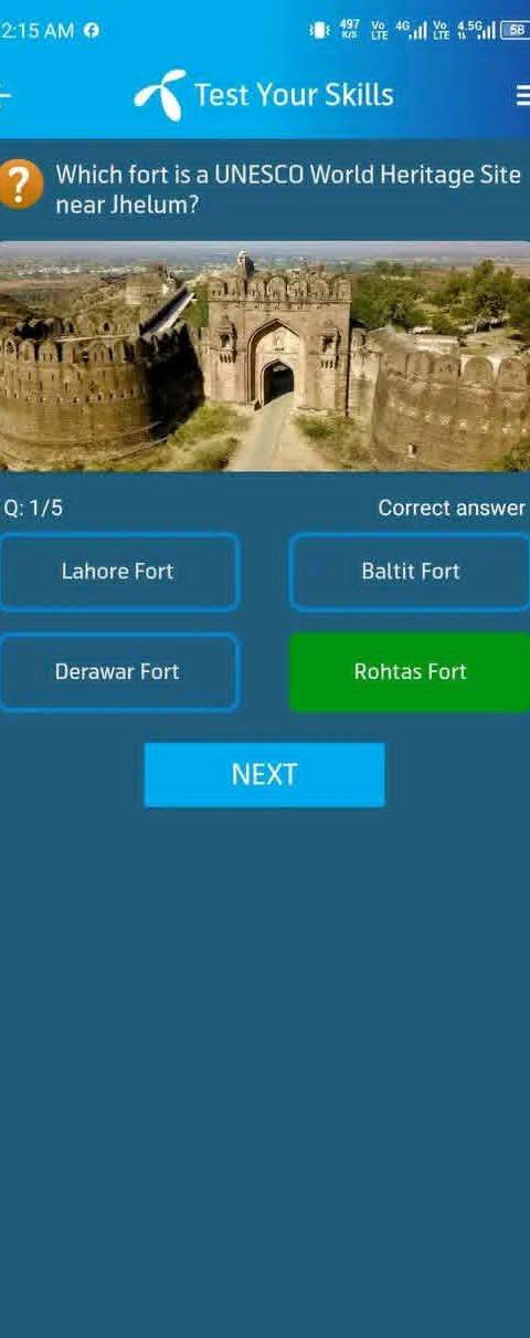 My Telenor Answer Today – Question 1 – Which fort is a UNESCO World Heritage Site near Jhelum? – Correct Answer: Rohtas Fort