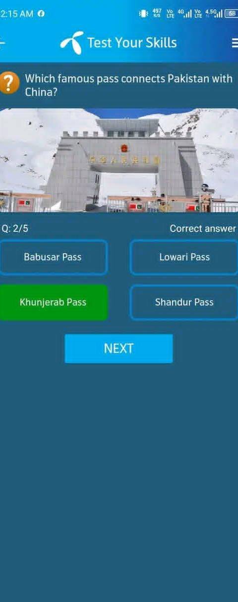 Telenor Quiz Question 2 – Which famous pass connects Pakistan with China? – Correct Answer: Khunjerab Pass