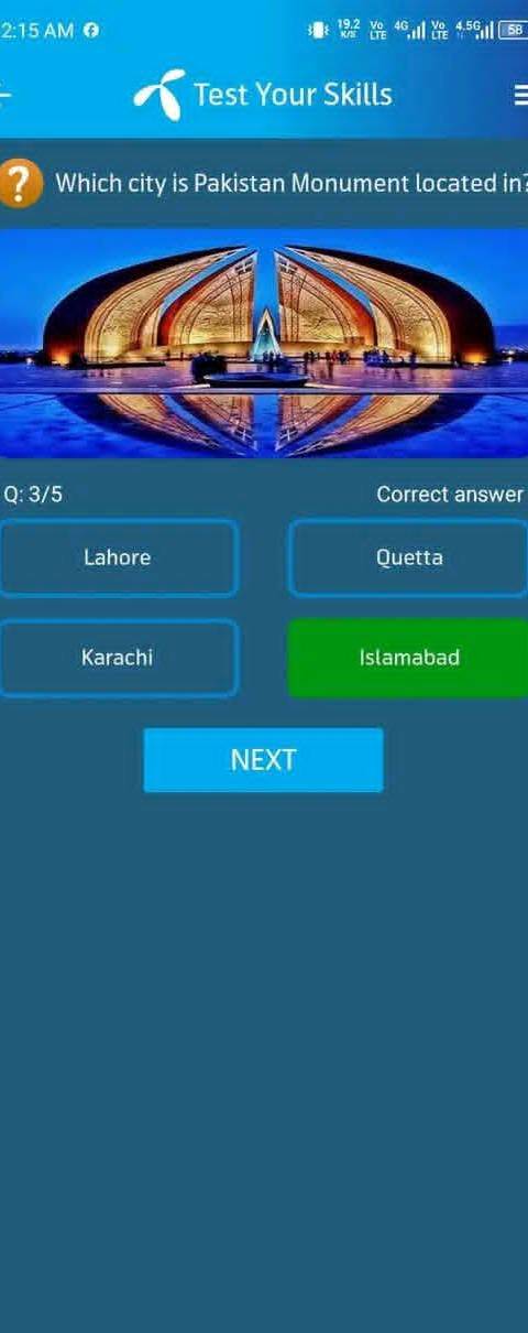 Telenor Quiz Question 3 – Which city is Pakistan Monument located in? – Correct Answer: Islamabad