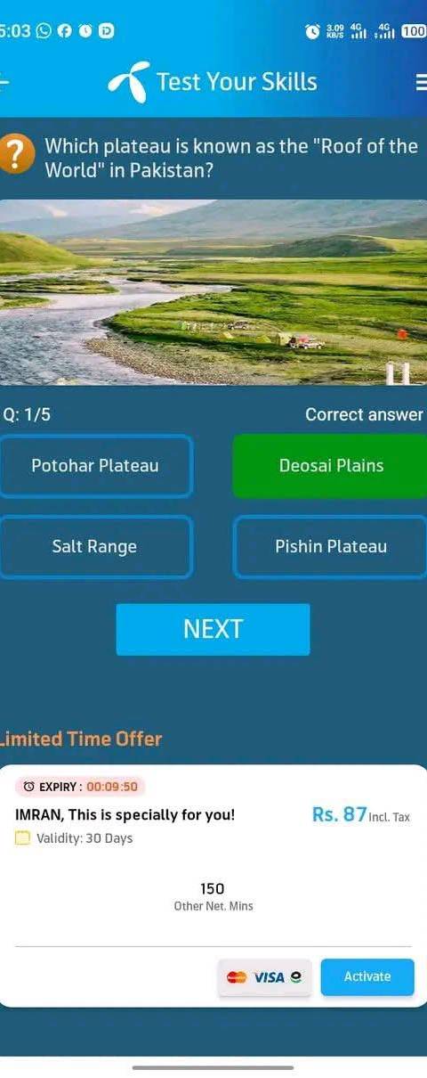My Telenor Answer Today – Question 1 – Which plateau is known as the "Roof of the World" in Pakistan? – Correct Answer: Deosai Plains