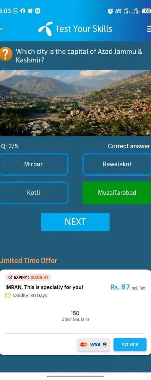 Telenor Quiz Question 2 – Which city is the capital of Azad Jammu & Kashmir? – Correct Answer: Muzaffarabad