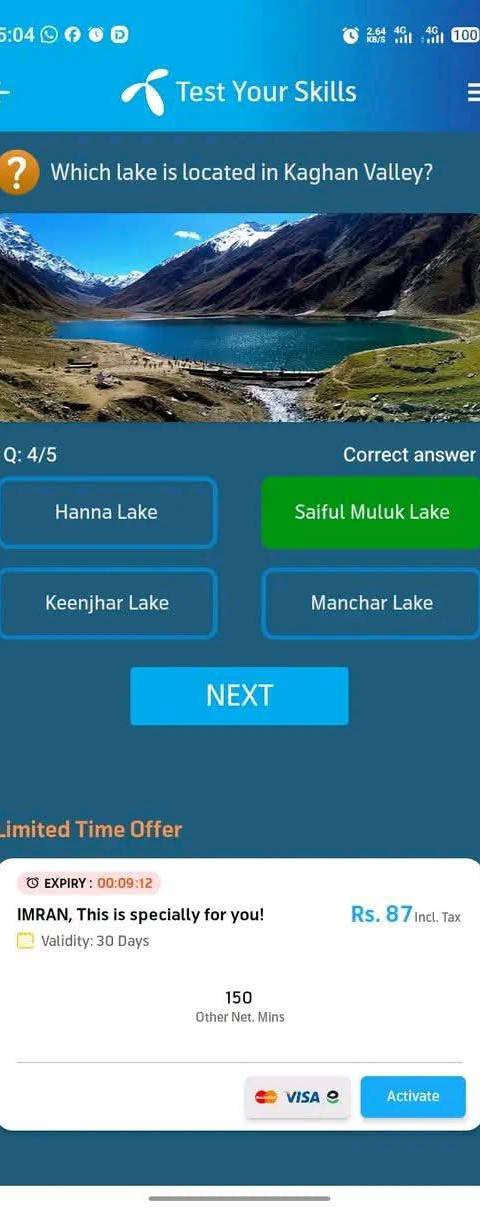 Telenor Quiz Question 4 – Which lake is located in Kaghan Valley? – Correct Answer: Saiful Muluk Lake