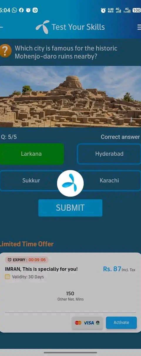 Telenor Quiz Question 5 – Which city is famous for the historic Mohenjo-daro ruins nearby? – Correct Answer: Larkana