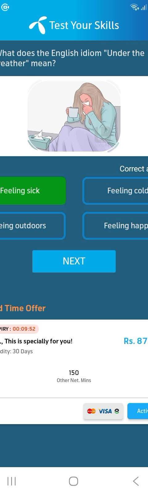 My Telenor Answer Today – Question 1 – What does the English idiom "Under the weather" mean? – Correct Answer: Feeling sick