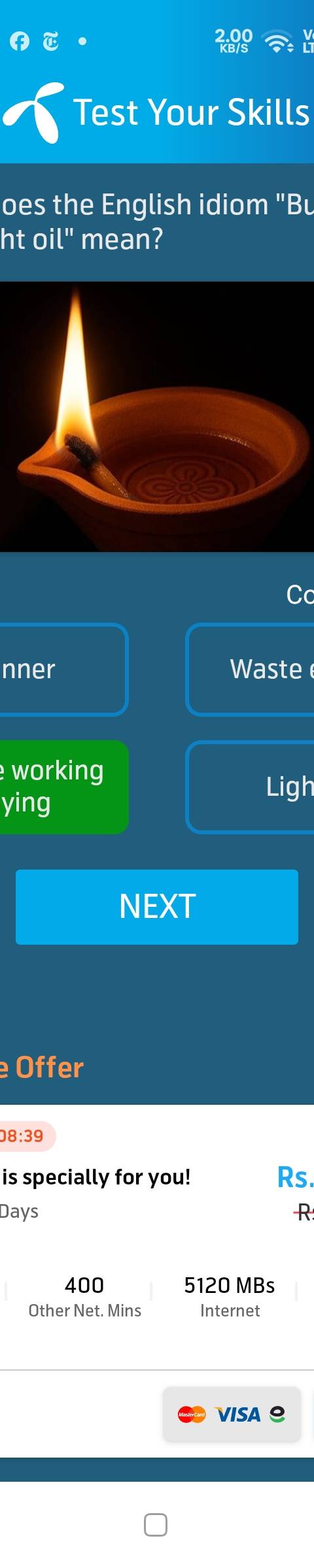 Telenor Quiz Question 4 – What does the English idiom "Burn the midnight oil" mean? – Correct Answer: Stay up late working or studying