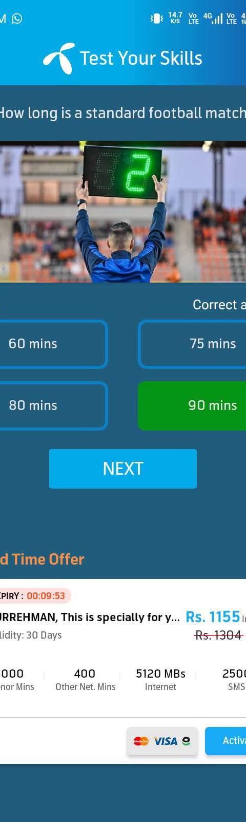 Telenor Quiz Question 2 – How long is a standard football match? – Correct Answer: 90 mins