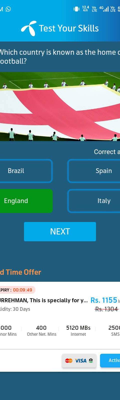 Telenor Quiz Question 3 – Which country is known as the home of football? – Correct Answer: England
