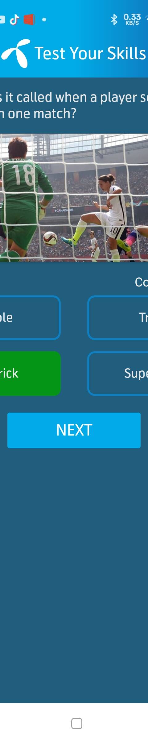 Telenor Quiz Question 3 – What is it called when a player scores three goals in one match? – Correct Answer: Hat-trick