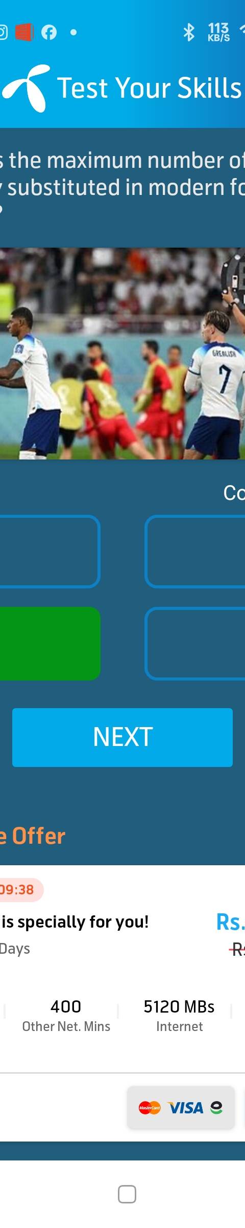 Telenor Quiz Question 3 – What is the maximum number of players usually substituted in modern football match? – Correct Answer: 5
