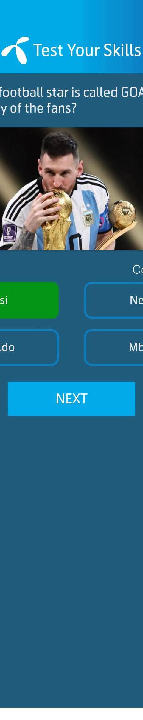 Telenor Quiz Question 3 – Which football star is called GOAT by majority of the fans? – Correct Answer: Messi
