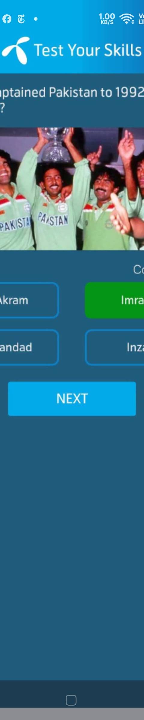 Telenor Quiz Question 2 – Who captained Pakistan to 1992 World Cup victory? – Correct Answer: Imran Khan
