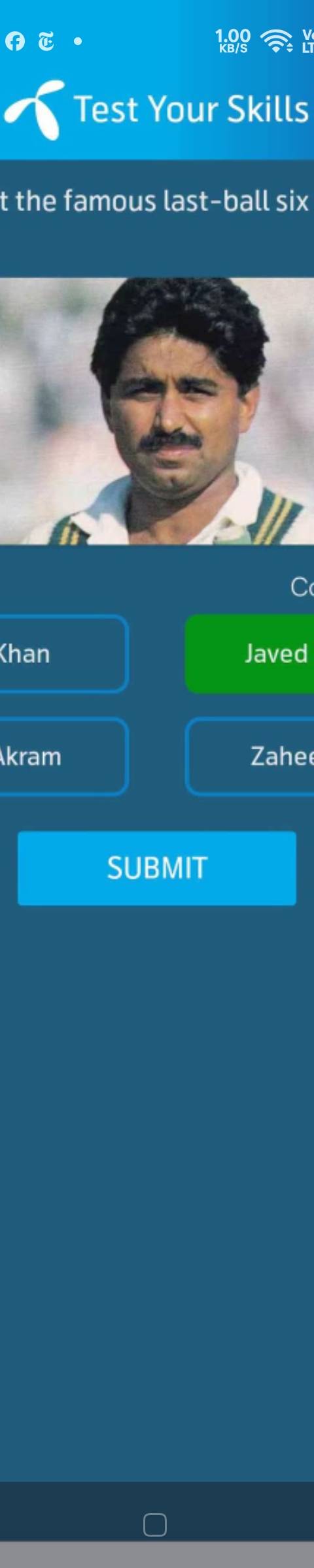 Telenor Quiz Question 5 – Who hit the famous last-ball six vs India in 1986? – Correct Answer: Javed Miandad