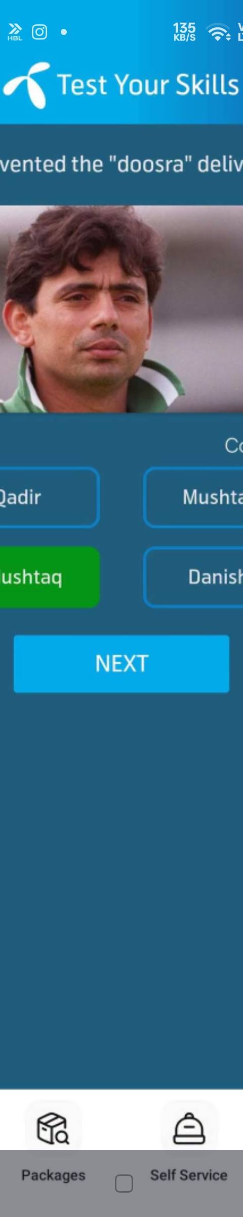 Telenor Quiz Question 2 – Who invented the "doosra" delivery? – Correct Answer: Saqlain Mushtaq