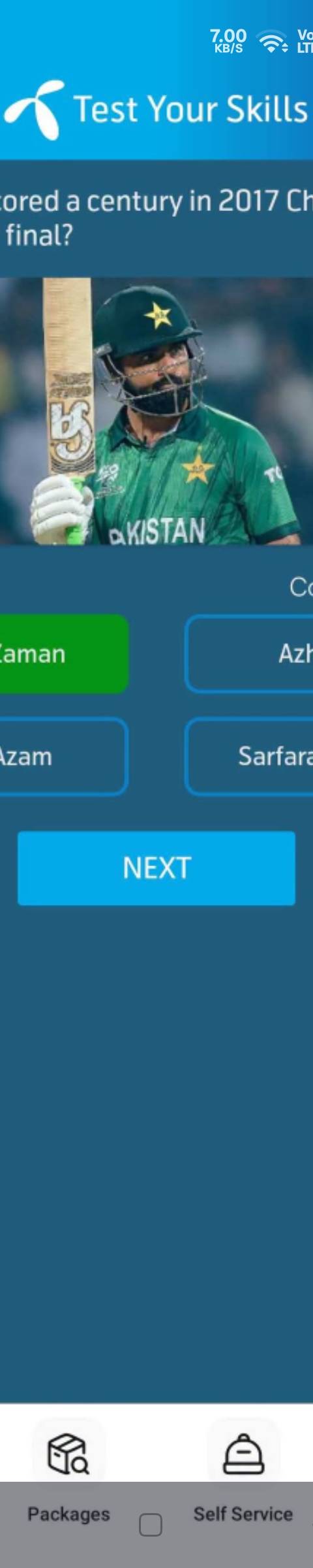 Telenor Quiz Question 2 – Who scored a century in 2017 Champions Trophy final? – Correct Answer: Fakhar Zaman