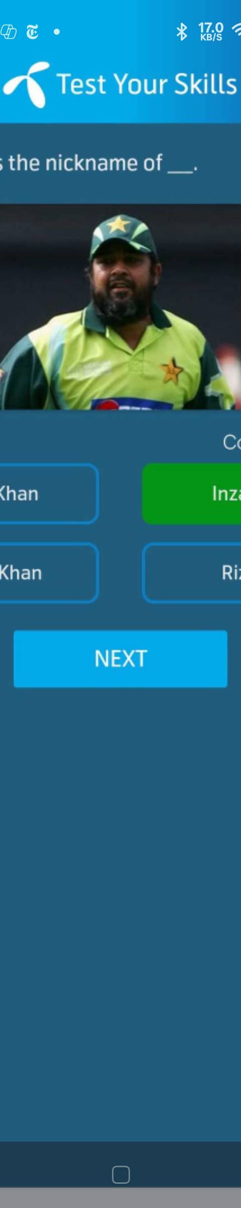 Telenor Quiz Question 2 – "Inzi" is the nickname of ___. – Correct Answer: Inzamam