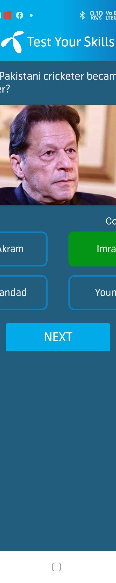 Telenor Quiz Question 3 – Which Pakistani cricketer became Prime Minister? – Correct Answer: Imran Khan