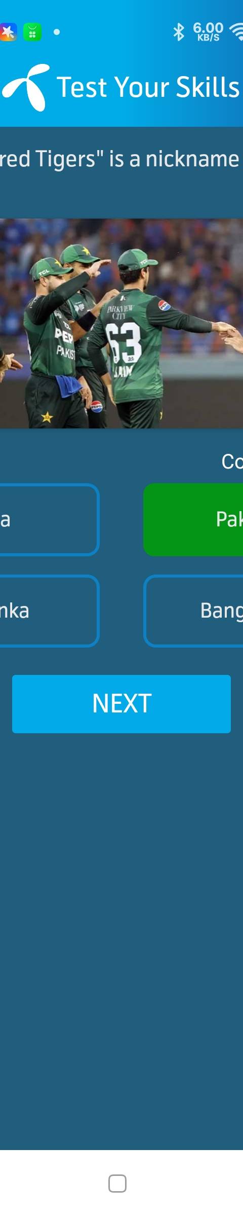 Telenor Quiz Question 2 – "Cornered Tigers" is a nickname for which team? – Correct Answer: Pakistan