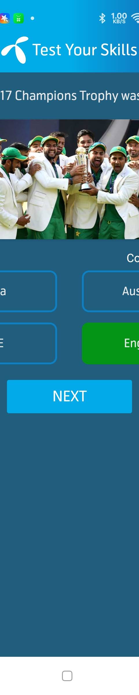 Telenor Quiz Question 3 – The 2017 Champions Trophy was held in ___. – Correct Answer: England