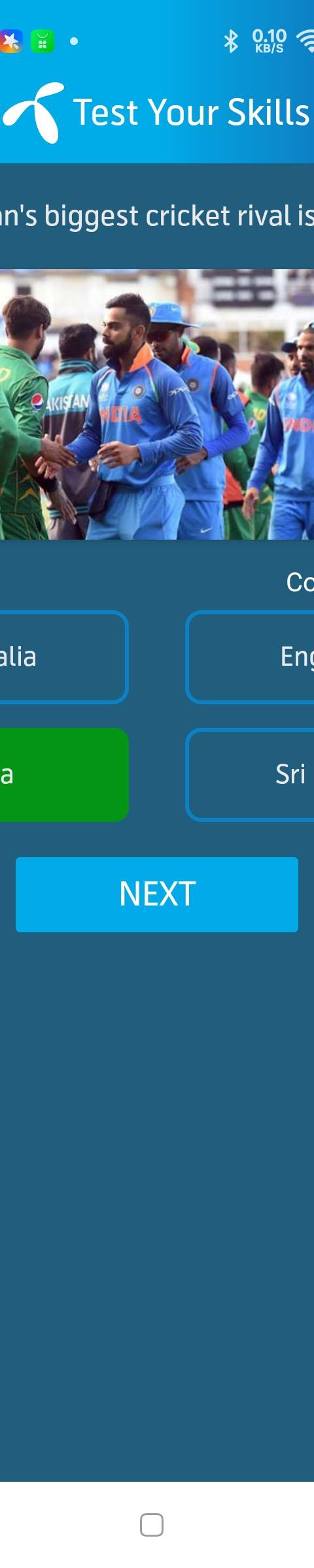 Telenor Quiz Question 4 – Pakistan's biggest cricket rival is ____. – Correct Answer: India