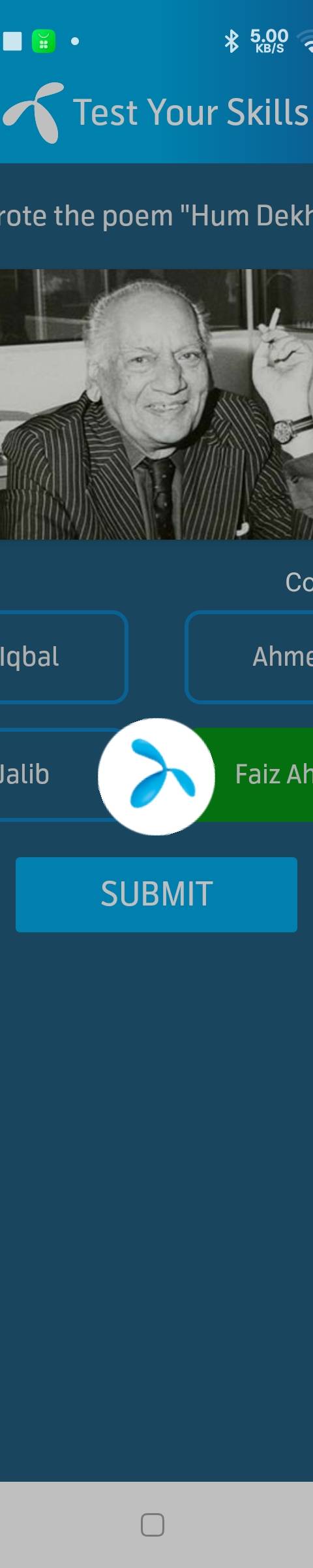 Telenor Quiz Question 5 – Who wrote the poem "Hum Dekhenge"? – Correct Answer: Faiz Ahmed Faiz