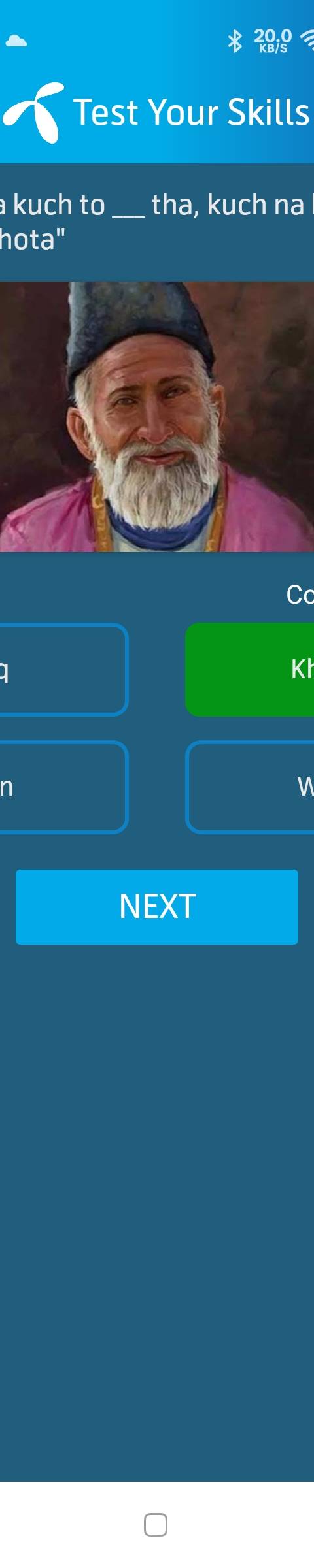 Telenor Quiz Question 3 – "Na tha kuch to ___ tha, kuch na hota to khuda hota" – Correct Answer: Khuda