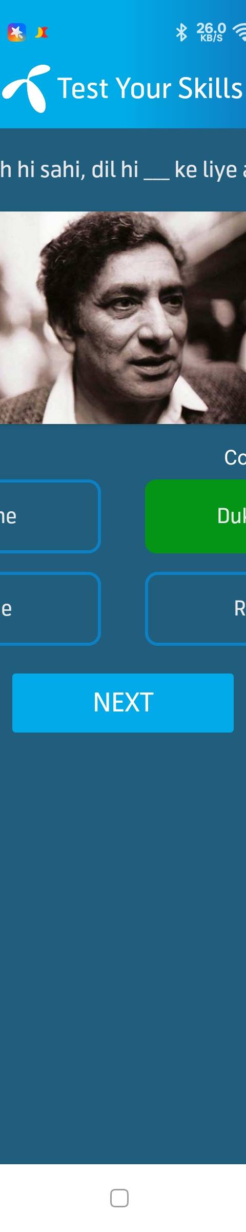 My Telenor Answer Today – Question 1 – "Ranjish hi sahi, dil hi ___ ke liye aa" – Correct Answer: Dukhane