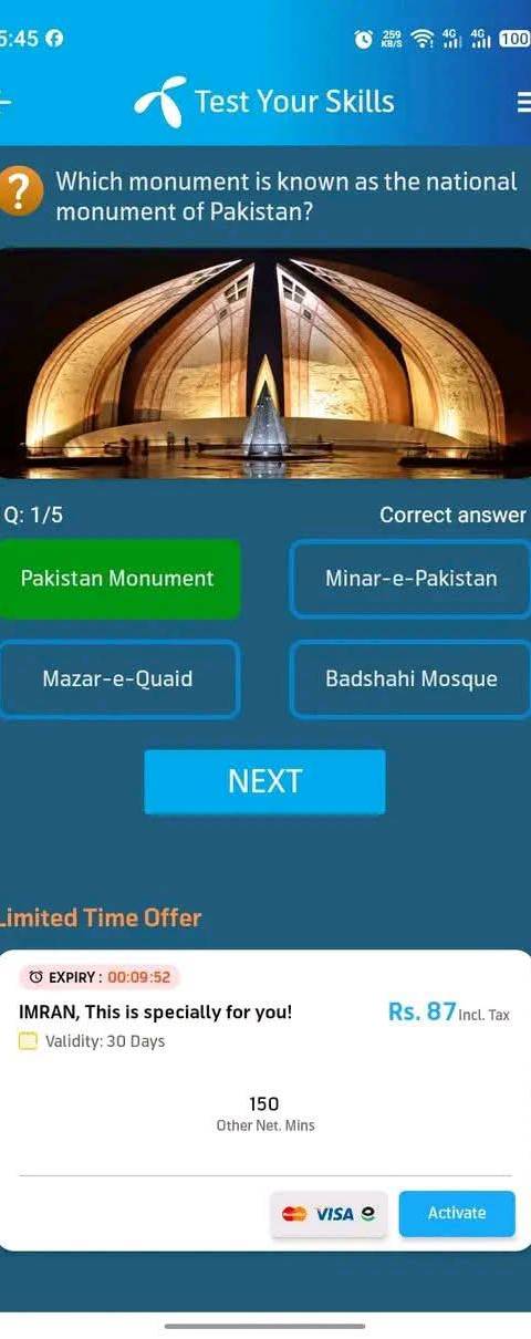 My Telenor Answer Today – Question 1 – Which monument is known as the national monument of Pakistan? – Correct Answer: Pakistan Monument