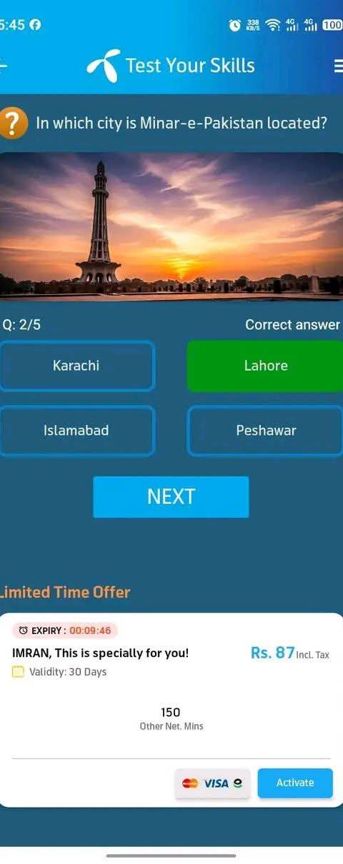 Telenor Quiz Question 2 – In which city is Minar-e-Pakistan located? – Correct Answer: Lahore