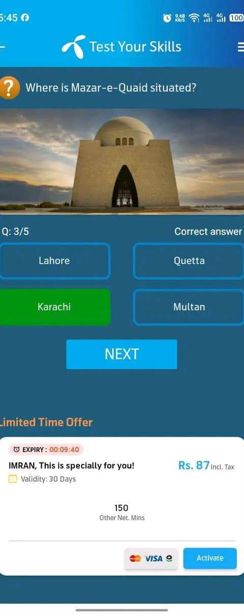 Telenor Quiz Question 3 – Where is Mazar-e-Quaid situated? – Correct Answer: Karachi