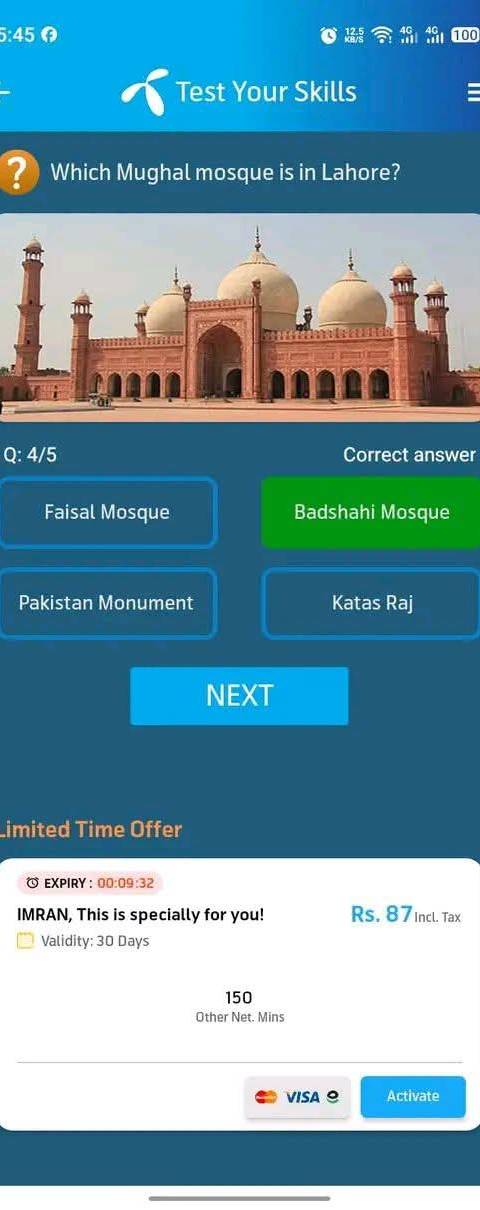 Telenor Quiz Question 4 – Which Mughal mosque is in Lahore? – Correct Answer: Badshahi Mosque