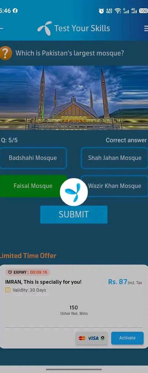 Telenor Quiz Question 5 – Which is Pakistan's largest mosque? – Correct Answer: Faisal Mosque