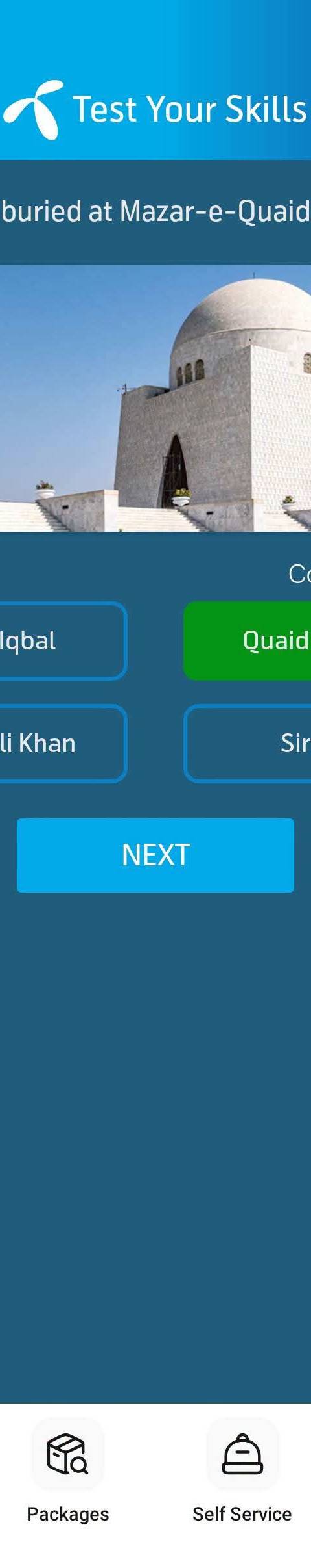 Telenor Quiz Question 2 – Who is buried at Mazar-e-Quaid? – Correct Answer: Quaid-e-Azam