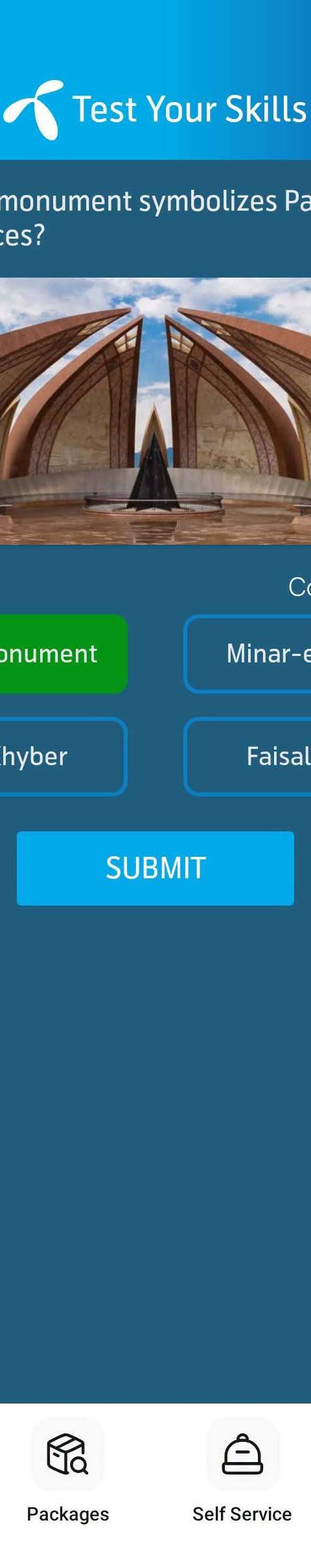 Telenor Quiz Question 5 – Which monument symbolizes Pakistan's four provinces? – Correct Answer: Minar-e-Pakistan
