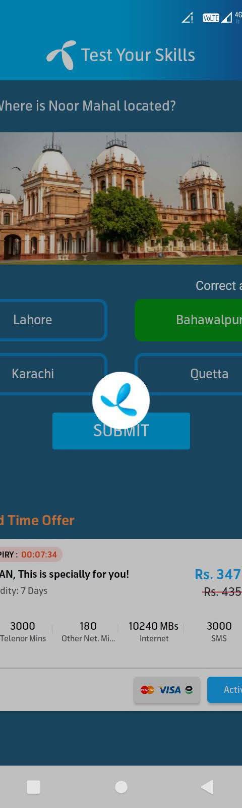 Telenor Quiz Question 5 – Where is Noor Mahal located? – Correct Answer: Bahawalpur