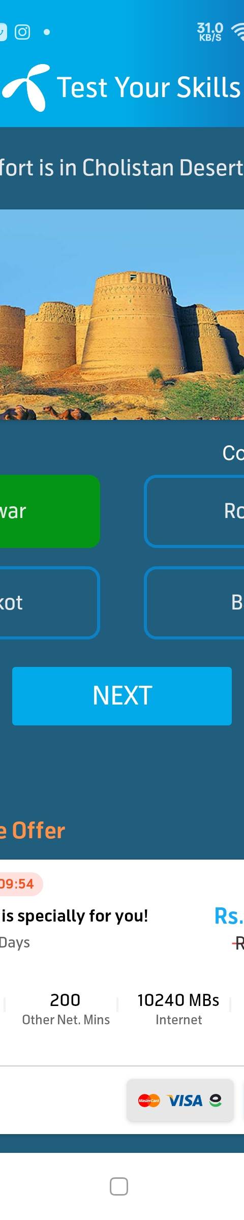My Telenor Answer Today – Question 1 – Which fort is in Cholistan Desert? – Correct Answer: Derawar