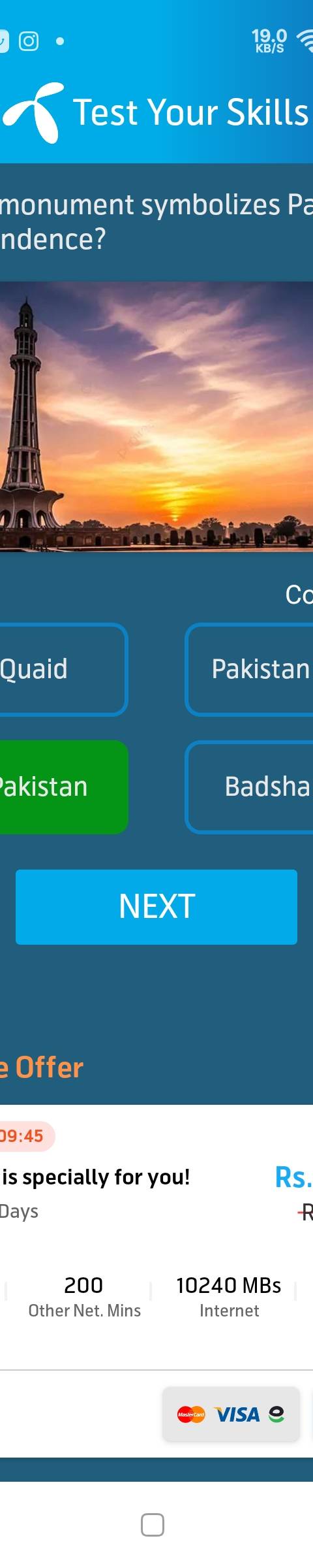 Telenor Quiz Question 2 – Which monument symbolizes Pakistan's independence? – Correct Answer: Minar-e-Pakistan