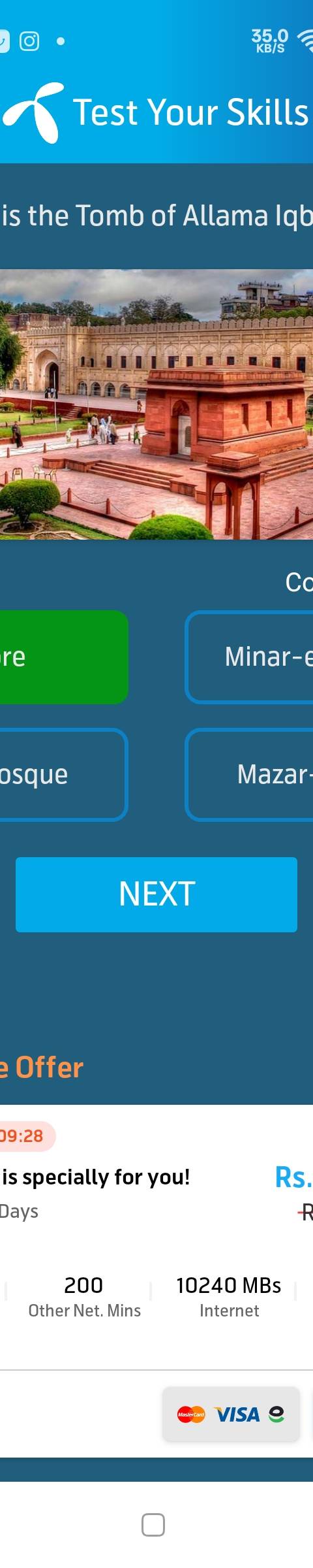 Telenor Quiz Question 4 – Where is the Tomb of Allama Iqbal? – Correct Answer: Lahore