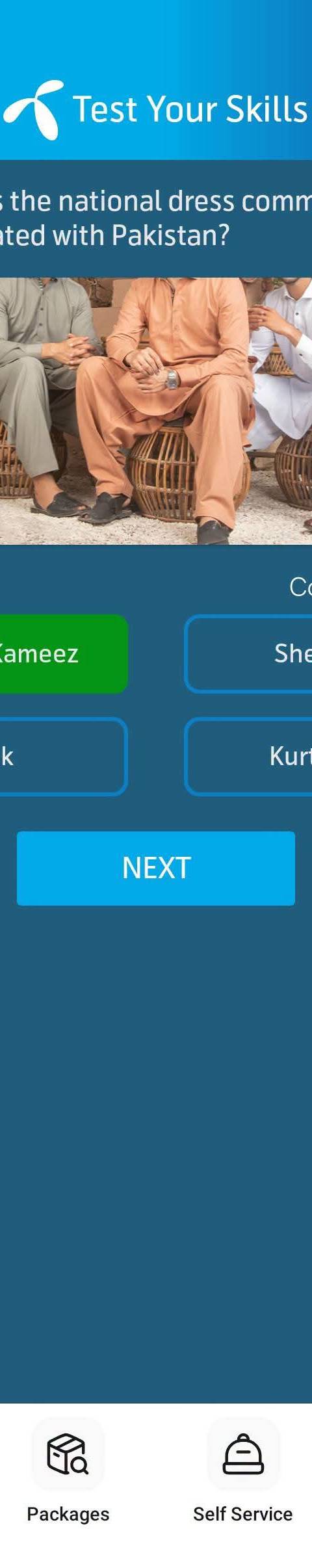 Telenor Quiz Question 3 – What is the national dress commonly associated with Pakistan? – Correct Answer: Shalwar Kameez
