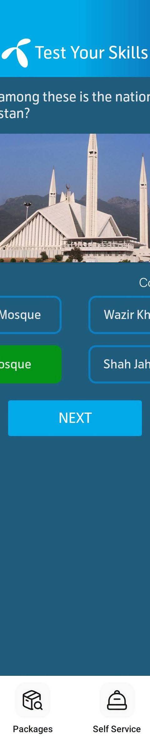 Telenor Quiz Question 4 – Which among these is the national mosque of Pakistan? – Correct Answer: Faisal Mosque