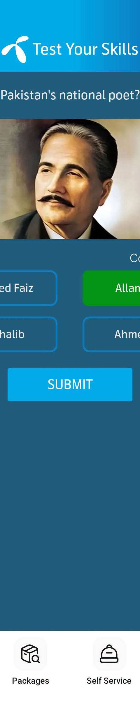 Telenor Quiz Question 5 – Who is Pakistan's national poet? – Correct Answer: Allama Iqbal