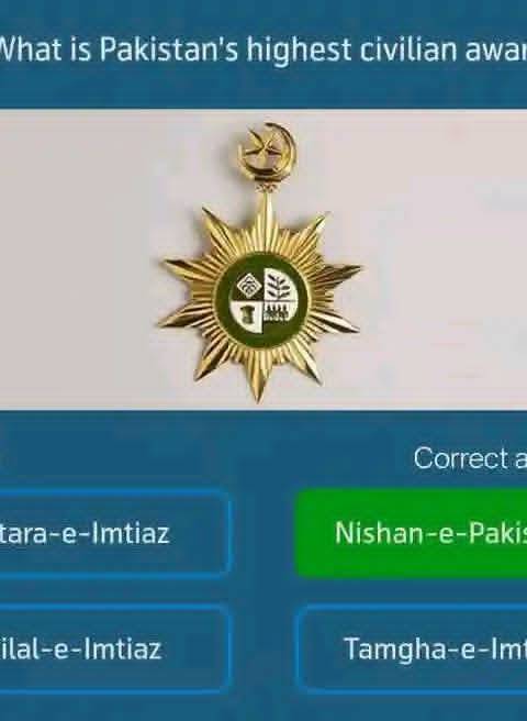 Telenor Quiz Question 2 – What is Pakistan's highest civilian award? – Correct Answer: Nishan-e-Pakistan