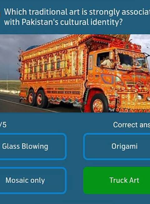 Telenor Quiz Question 5 – Which traditional art is strongly associated with Pakistan's cultural identity? – Correct Answer: Truck Art